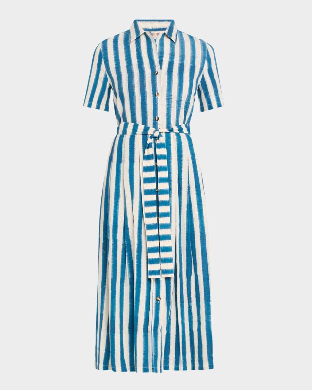 Claudia Striped Short-Sleeve Belted Midi Shirtdress